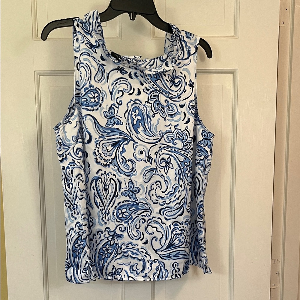 Talbots sleeveless top with Blue Paisley Print and ruffled neck